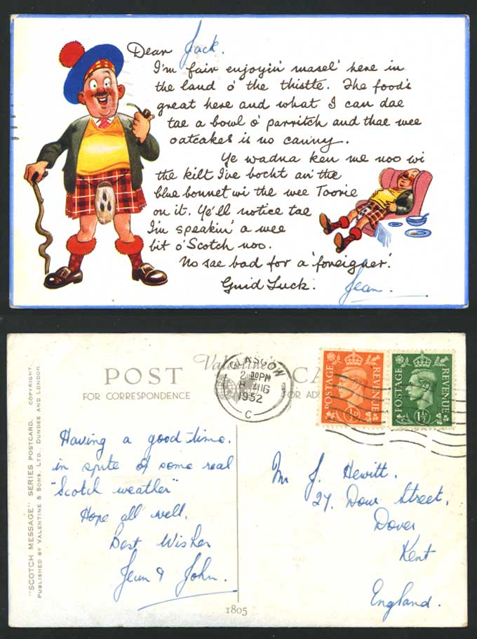 Scotch Message 1952 Postcard Scottish Man, Smoking Pipe