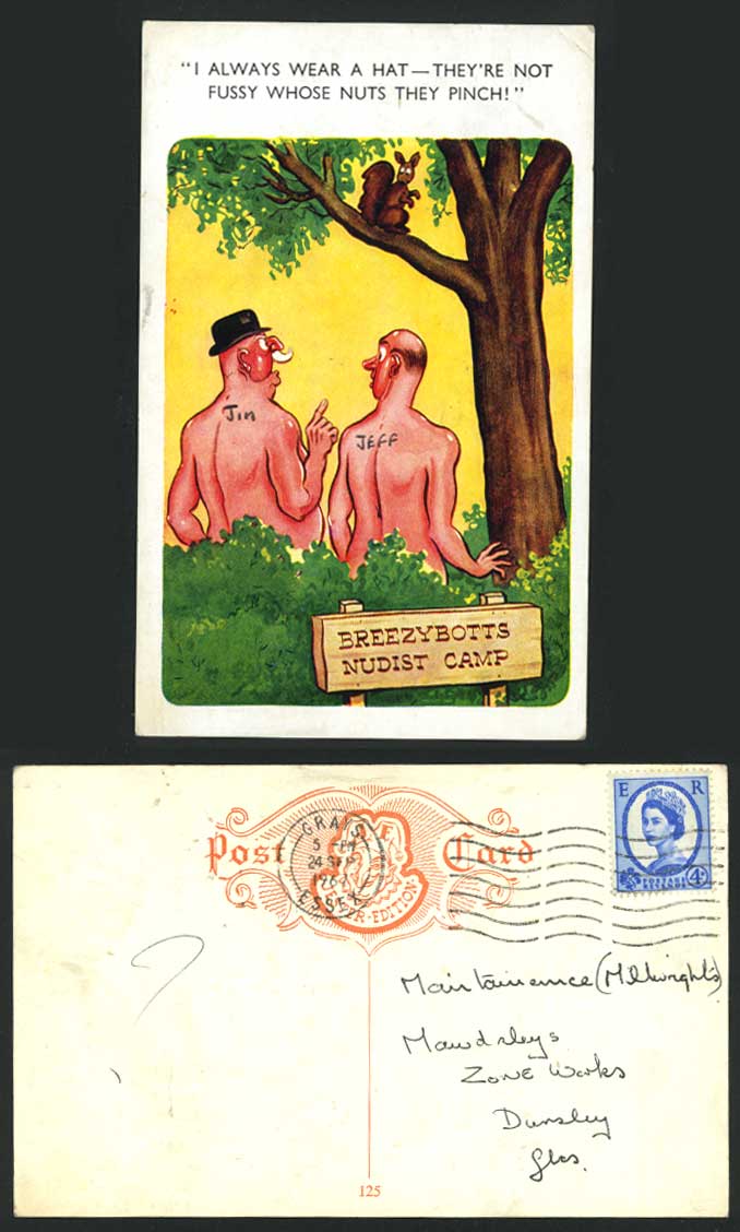 Breezybotts Nudist Camp 1967 Postcard Fussy Nuts Pinch