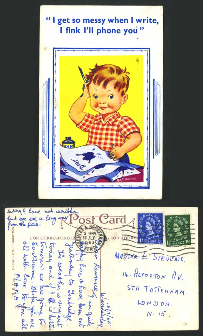 Bob Wilkin Artist Signed 1960 Old Postcard Messy Write I'll phone you, Comic