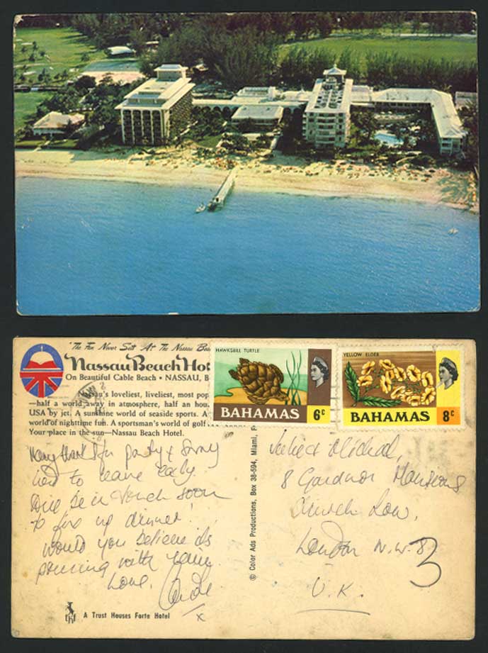 Bahamas NASSAU BEACH HOTEL Cable Beach Pier 6c 8c stamps on Old Colour Postcard