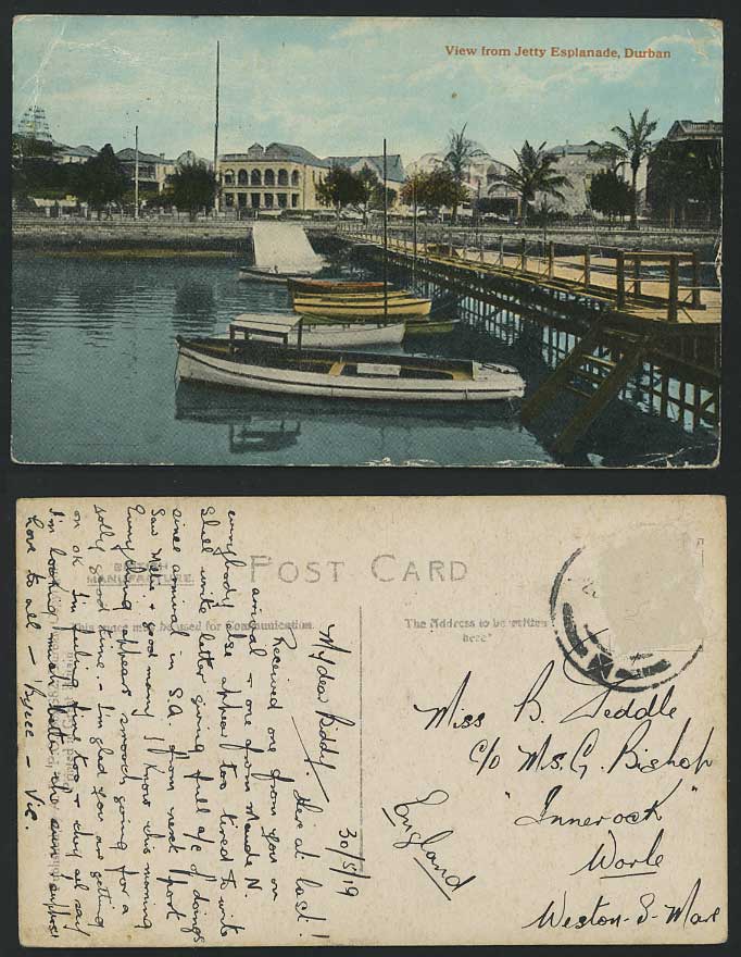 Durban 1919 Old Postcard View from Jetty Esplanade Boat