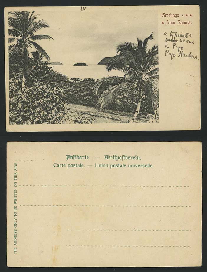 SAMOA 1903 Old UB Postcard Pago Pago Harbour Palm Trees