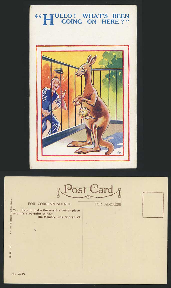 Comic Old Postcard Zoo Baby Tiger Cub in Kangaroo Pouch