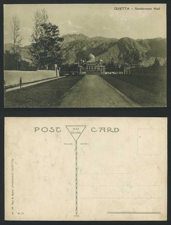 Pakistan Old Postcard Mountains & Sanderman Hall QUETTA Sandeman Hall Br. India