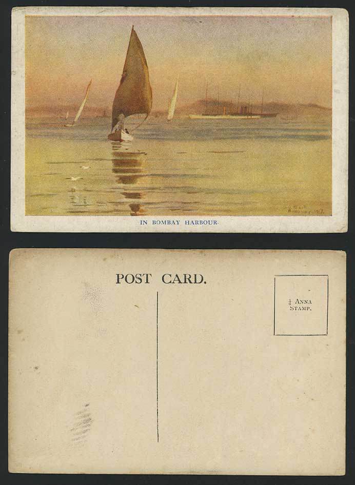 India Old ART Postcard Sailing Boats in Bombay Harbour