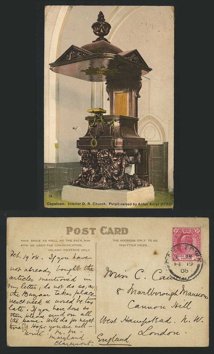 Cape Town 1908 Postcard DR Church PULPIT by Anton Anryt