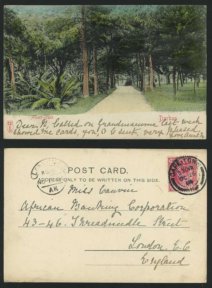 DURBAN - ALBERT PARK 1904 Old Hand Tinted U.B. Postcard