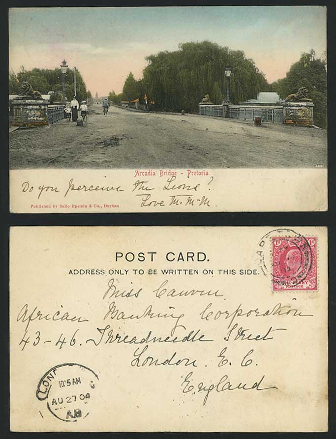 South Africa 1904 Old Hand Tinted Postcard PRETORIA ARCADIA BRIDGE Lions Cyclist