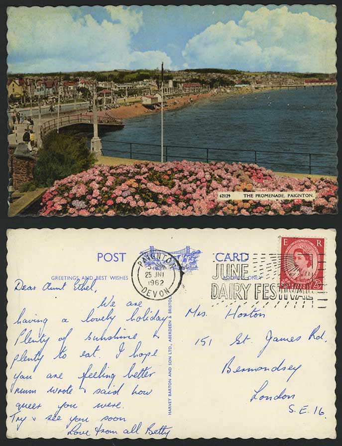 Paignton 1962 Postcard Promenade Street Beach & Flowers