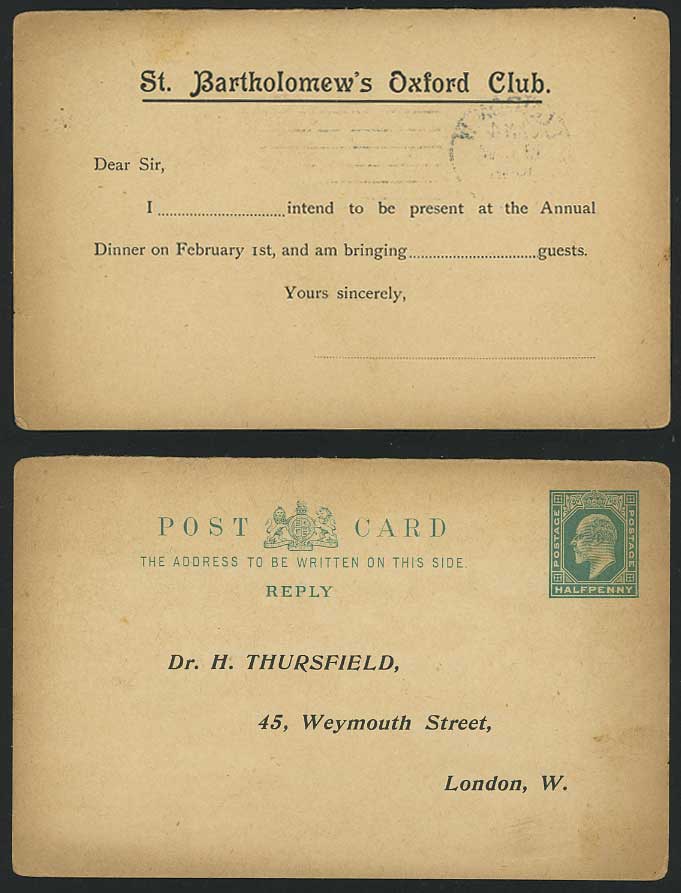 St Bartholomews Oxford Club 1/2d Postal Stationery Card