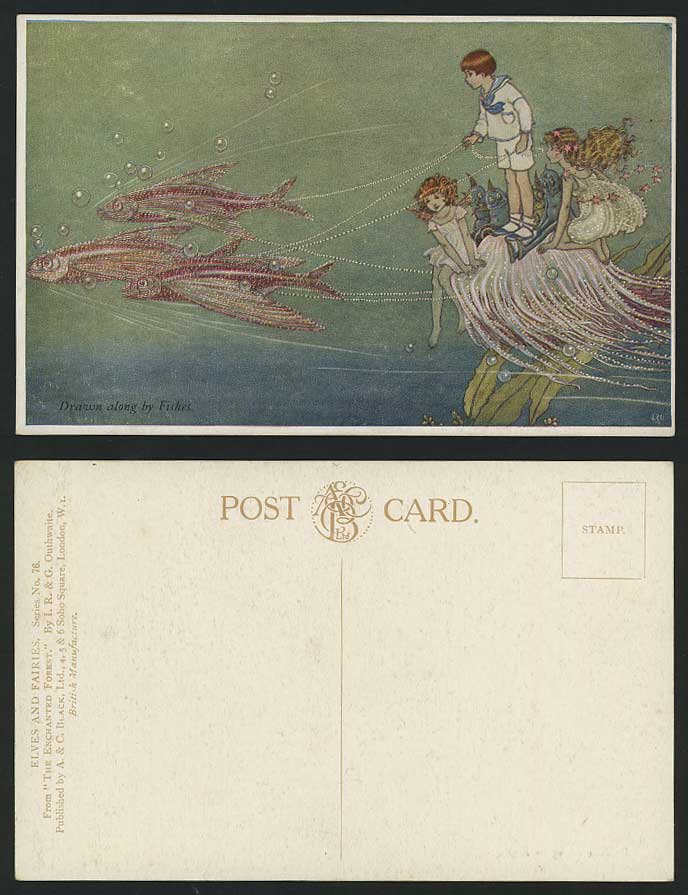 IR & G OUTHWAITE Old Postcard ELVES FAIRIES, Drawn Along By Fishes, Flying Fish