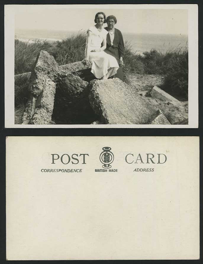 2 Women Ladies Seaside & Rocks Old Real Photo Postcard