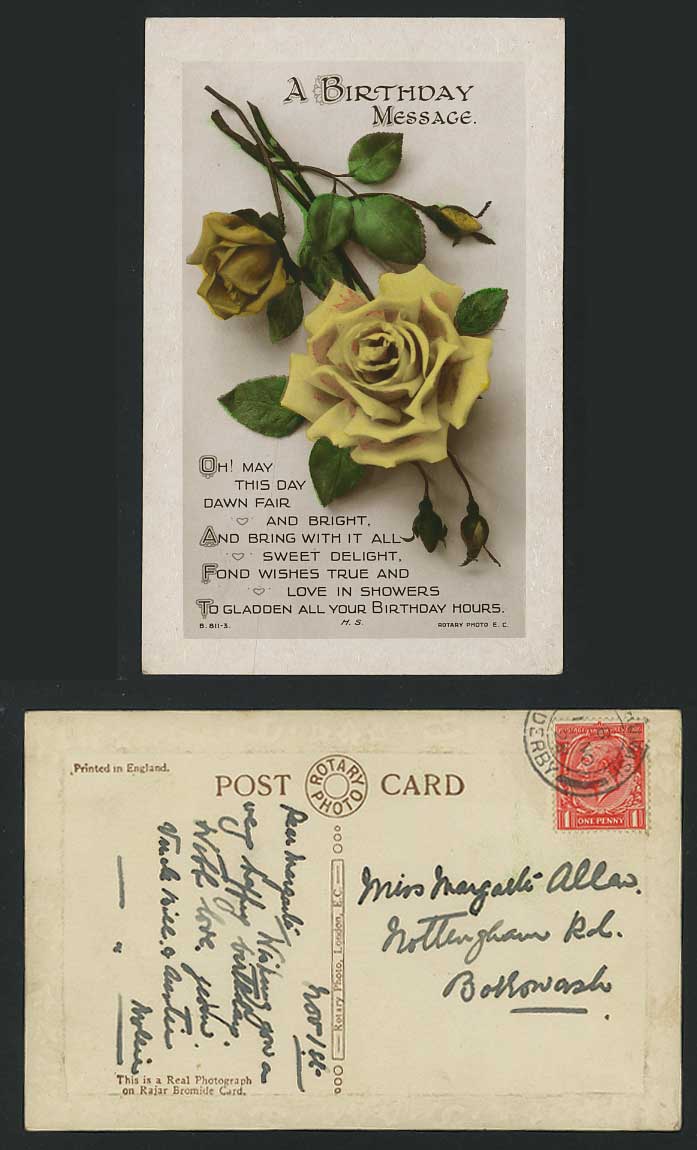 A Birthday Message Yellow Rose Flower 1928 Old Postcard
