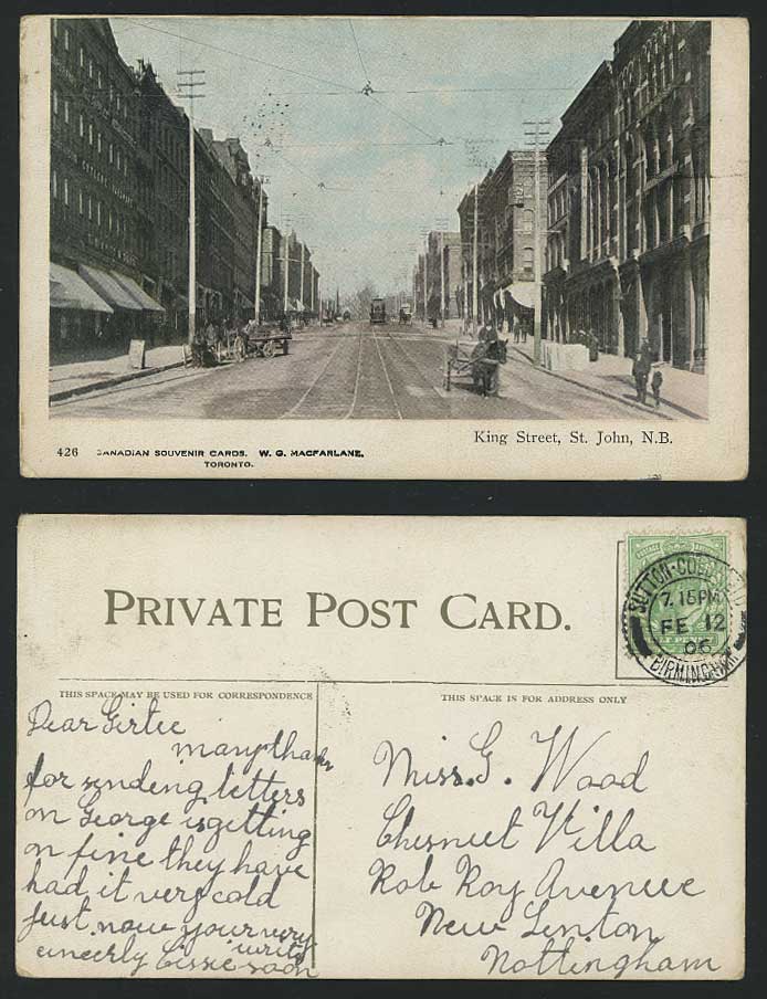 Canada 1906 Old Postcard King Street St. John Tram N.B.