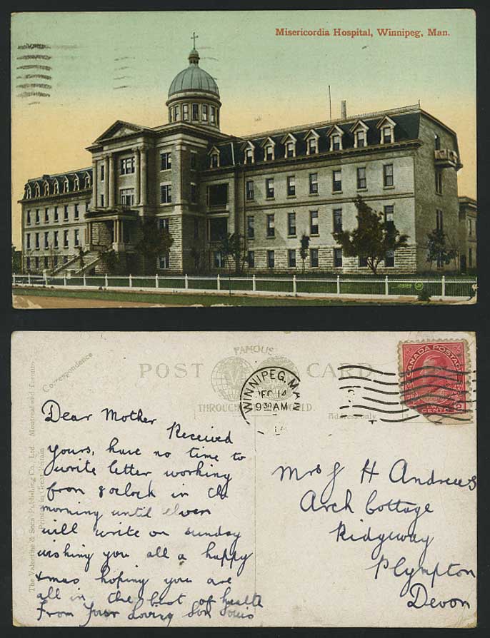 Canadia Old Postcard Misericordia Hospital Winnipeg Man