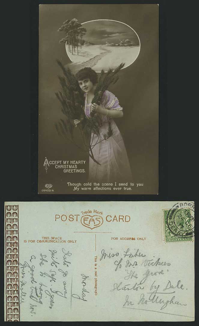 Woman & Hearty Christmas Greetings 1917 Old RP Postcard