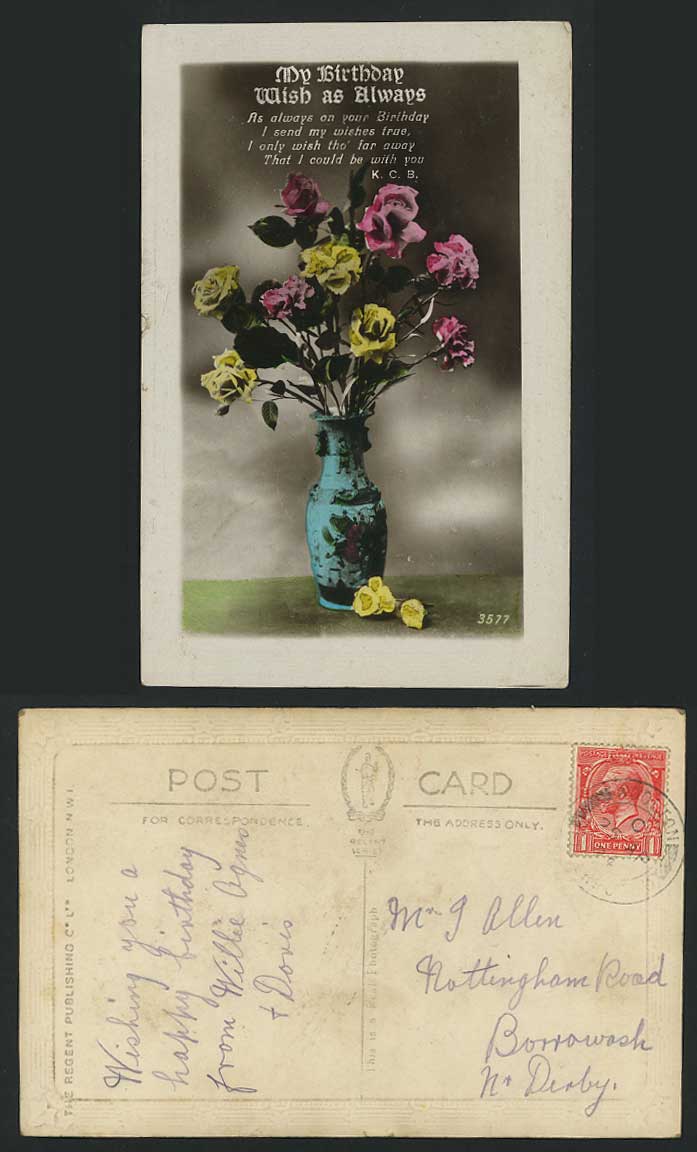 Pansy Flowers Pansies in Vase Old Hand Tinted Postcard