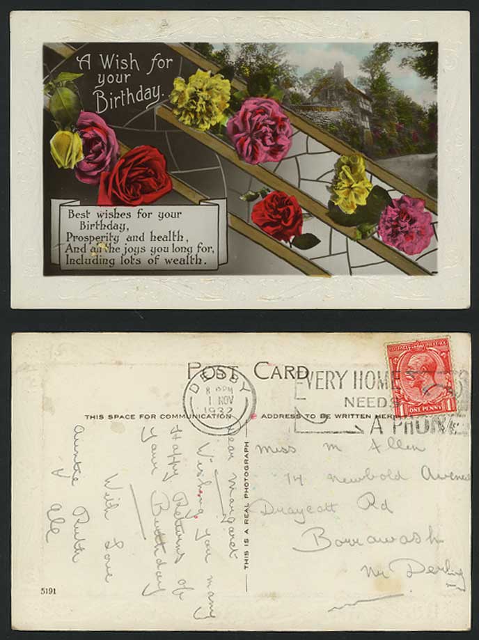Rose Carnation Flowers & Cottage Birthday 1932 Postcard