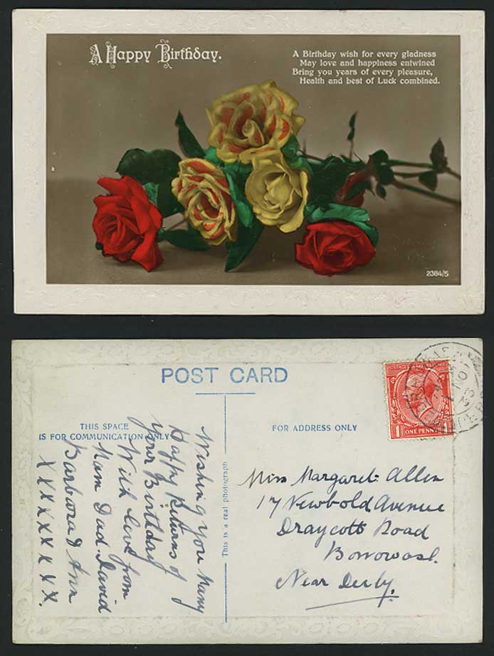 Roses Rose Flowers - A Happy Birthday 1933 Old Postcard