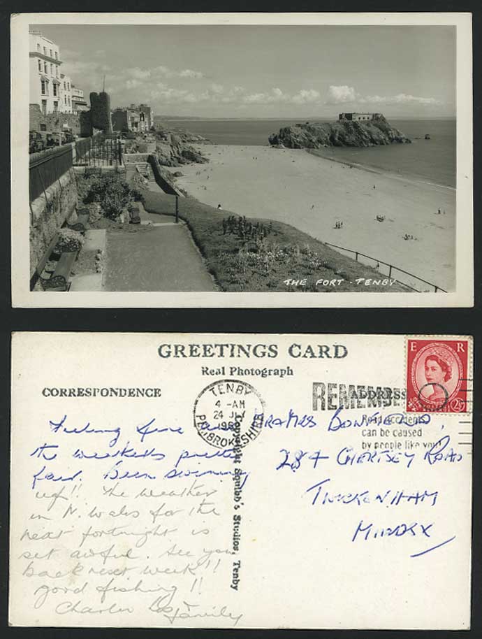 TENBY THE FORT Beach Pembrokeshire 1962 Old RP Postcard