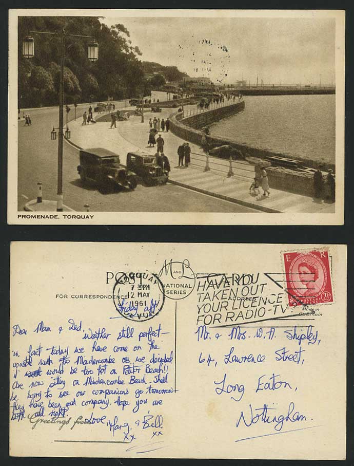 Torquay Promenade & Cars 1961 Postcard Radio TV Licence
