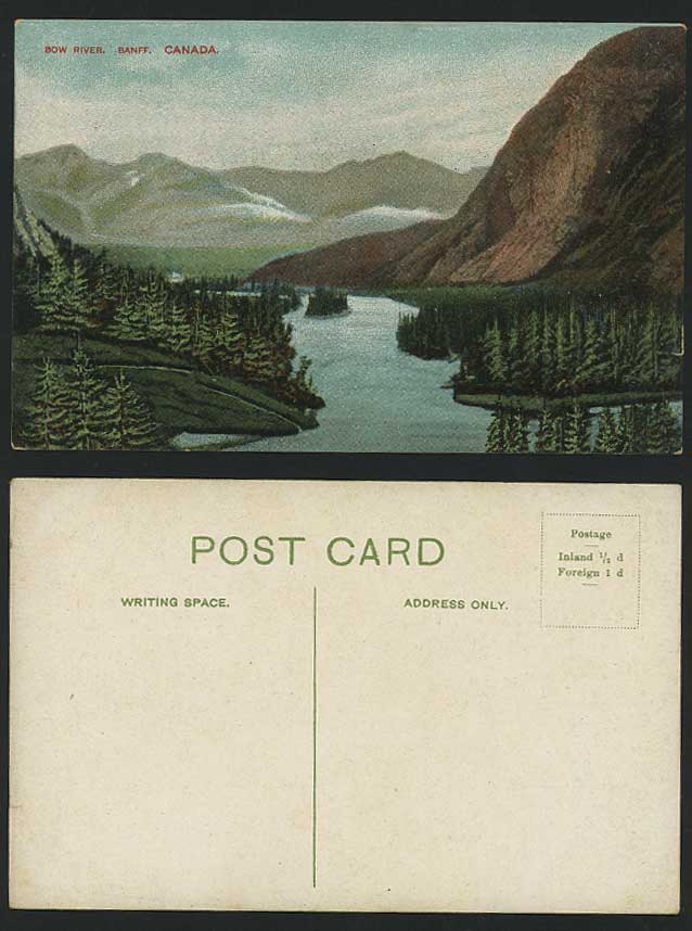 Canada Alberta Old Postcard BANFF Bow River & Mountains