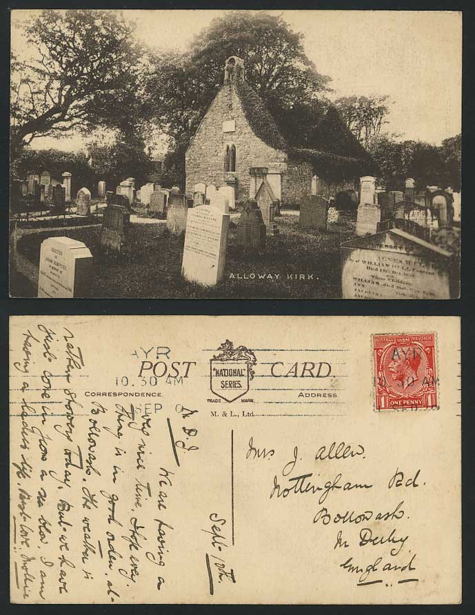 ALLOWAY KIRK - AYR 1920 Old Postcard Church, Churchyard Scotland Ayrshire