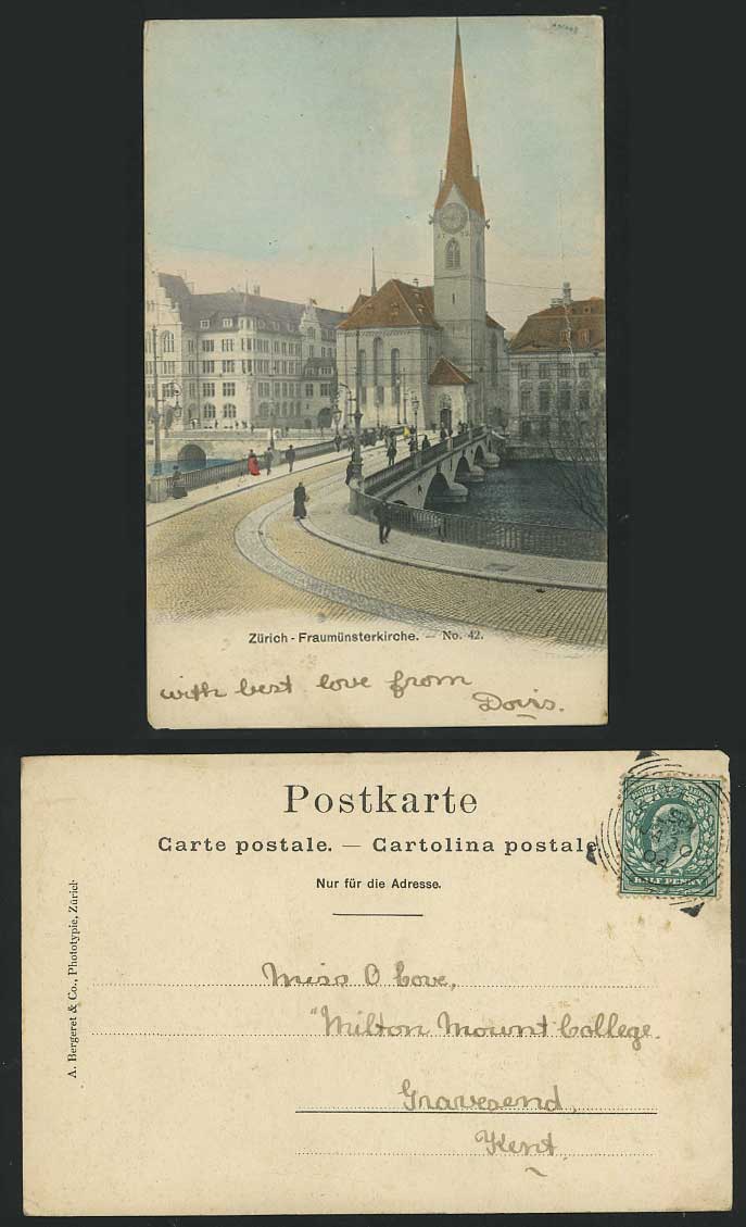 Swiss 1904 Postcard ZUERICH Fraumuensterkirche - Bridge