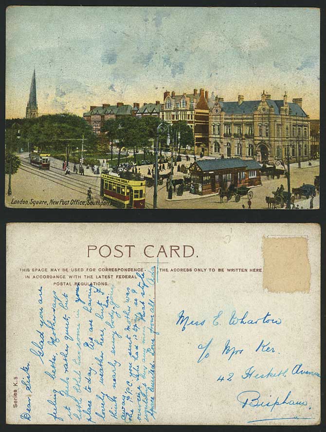 Southport London Square, Post Office, TRAM Old Postcard