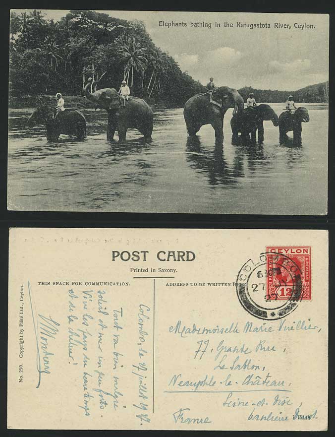 Ceylon KG 12c 1927 Postcard Elephants Katugastota River