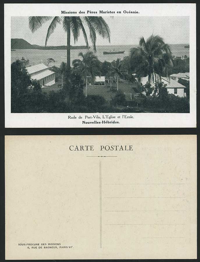 NEW HEBRIDES Old Postcard Port-Vila Church School, Ship, Nouvelles-Hebrides Palm