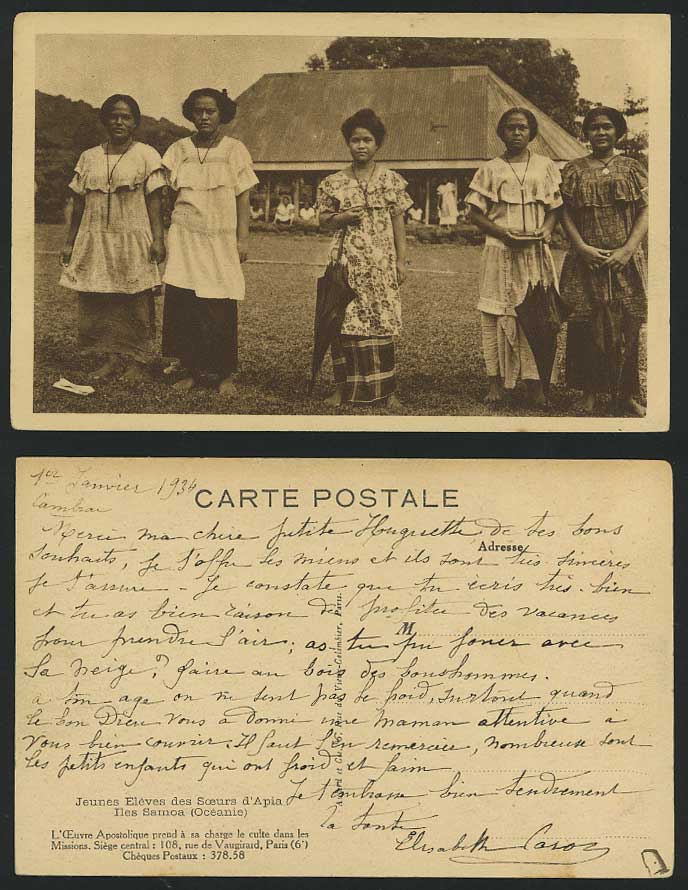 Samoa 1934 Old Postcard Native Samoan Women Students Apia Sister Ethnic Life
