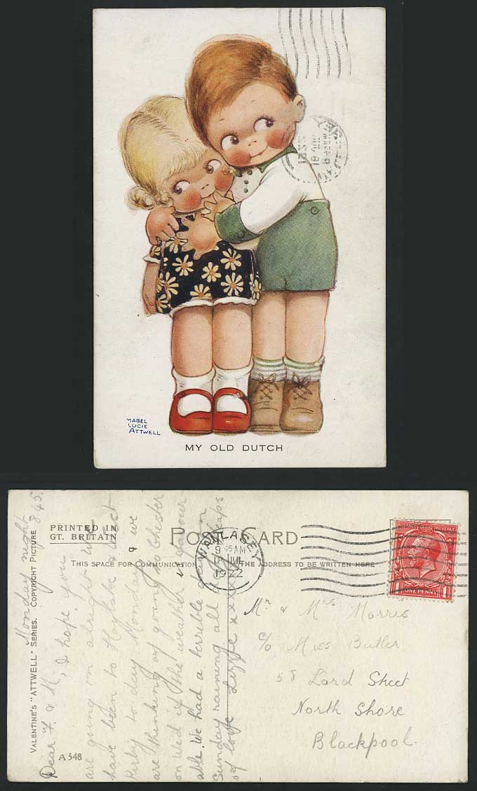 MABEL LUCIE ATTWELL 1922 Old Postcard HUG My Old Dutch A548 Sweet Girl & Boy