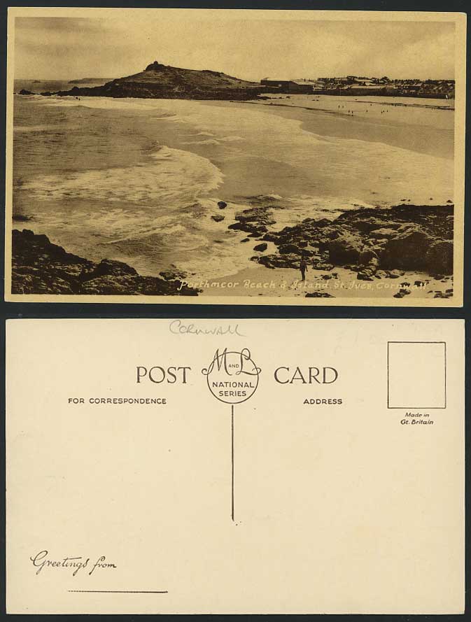 Porthmeor Beach & Island St. Ives Cornwall Old Postcard