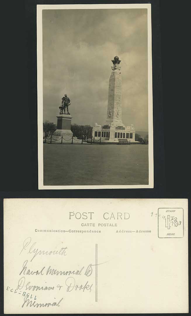 Plymouth Old RP Postcard Naval Memorial, Drake's Statue