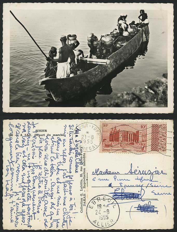 NIGER 1955 Old Postcard SAY Native Canoe Boat to Market