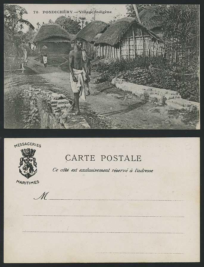India Old Postcard Pondichery Village Indigene Men Huts