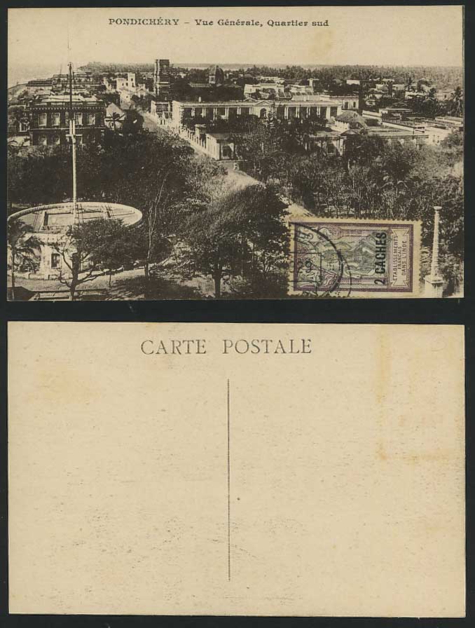 India 2c on 2c 1929 Postcard Pondichery - South Quarter