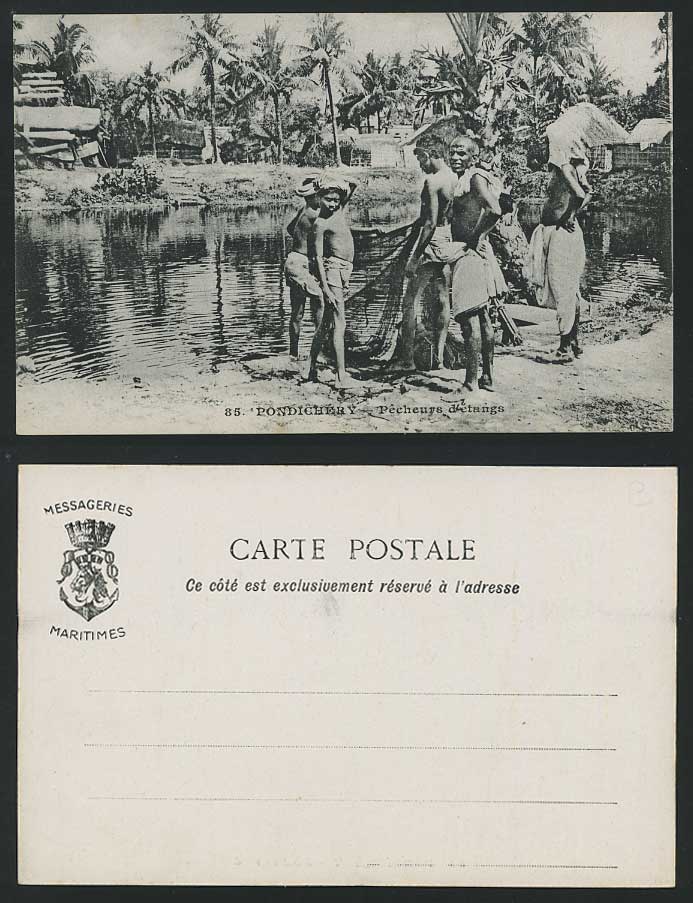 India Old Postcard Pondicherry Fishermen Ponds Net Boys