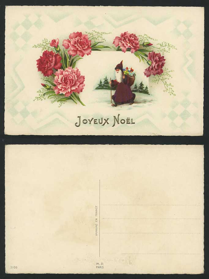 SANTA CLAUS & Carnation Flowers, Christmas Old Postcard