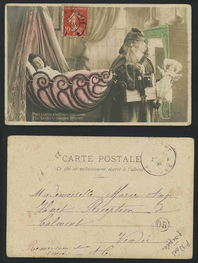 Santa Claus Girl Sleeps in Crib, Doll 1908 Old Postcard