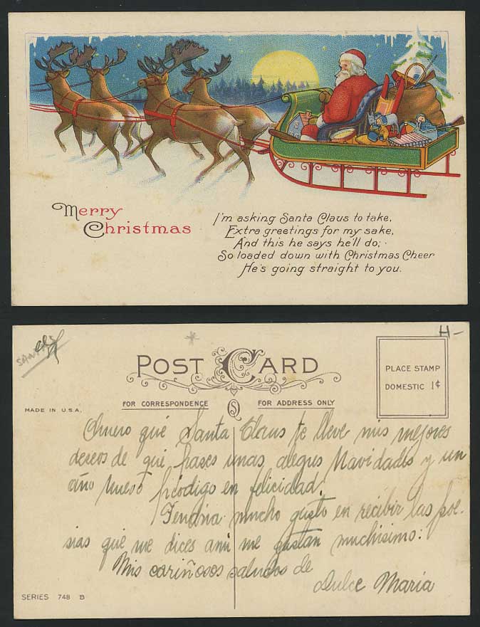 SANTA CLAUS on Reindeers Drawn Sleigh Xmas Old Postcard