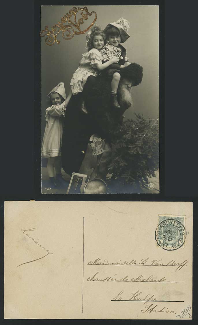 Santa Claus Carry LITTLE GIRLS, Clown 1908 Old Postcard