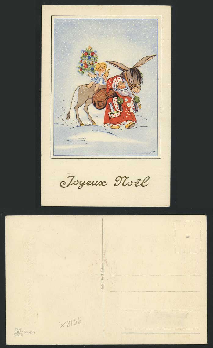 SANTA CLAUS Donkey Angel Xmas, Joyeux Noel Old Postcard