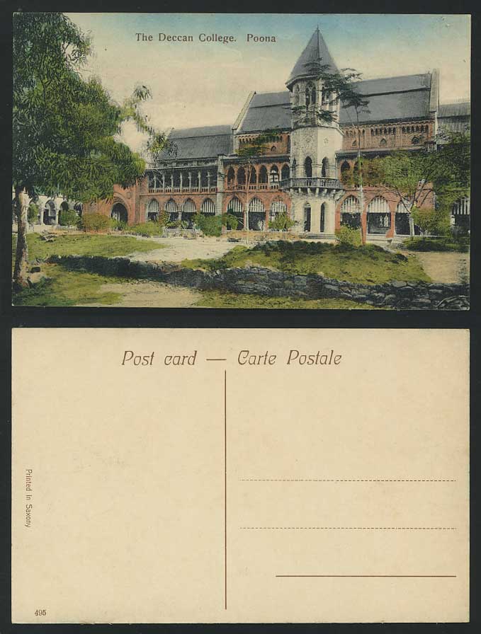 India Old Hand Tinted Postcard THE DECCAN COLLEGE Poona