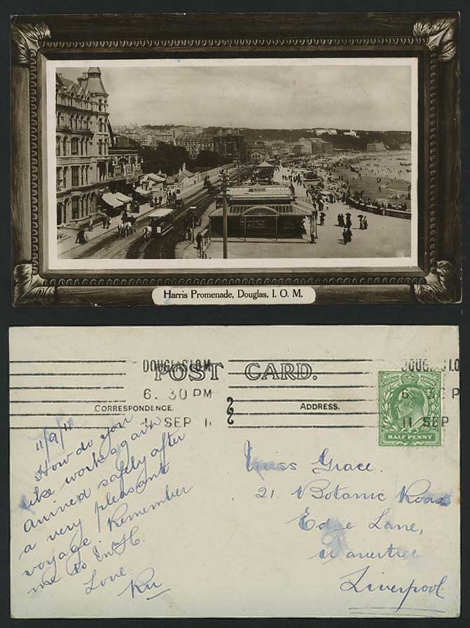 Isle of Man 1911 Old Postcard Harris Promenade Street Scene Tram Douglas Tramcar