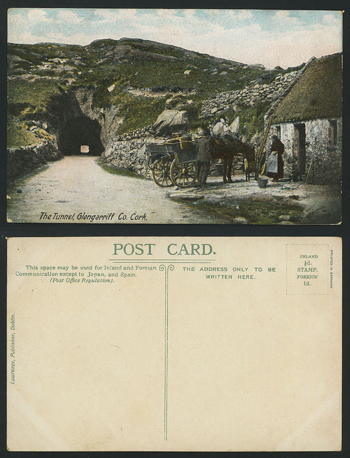 Ireland Co. Cork Old Colour Irish Postcard Glengarriff TUNNEL Cottage Horse Cart