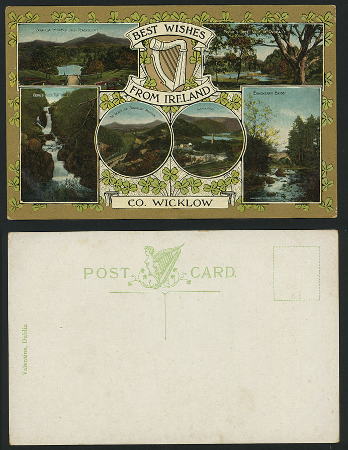 Ireland Co. Wicklow Old Colour Postcard Glendalough Powerscourt Ovoca Fall