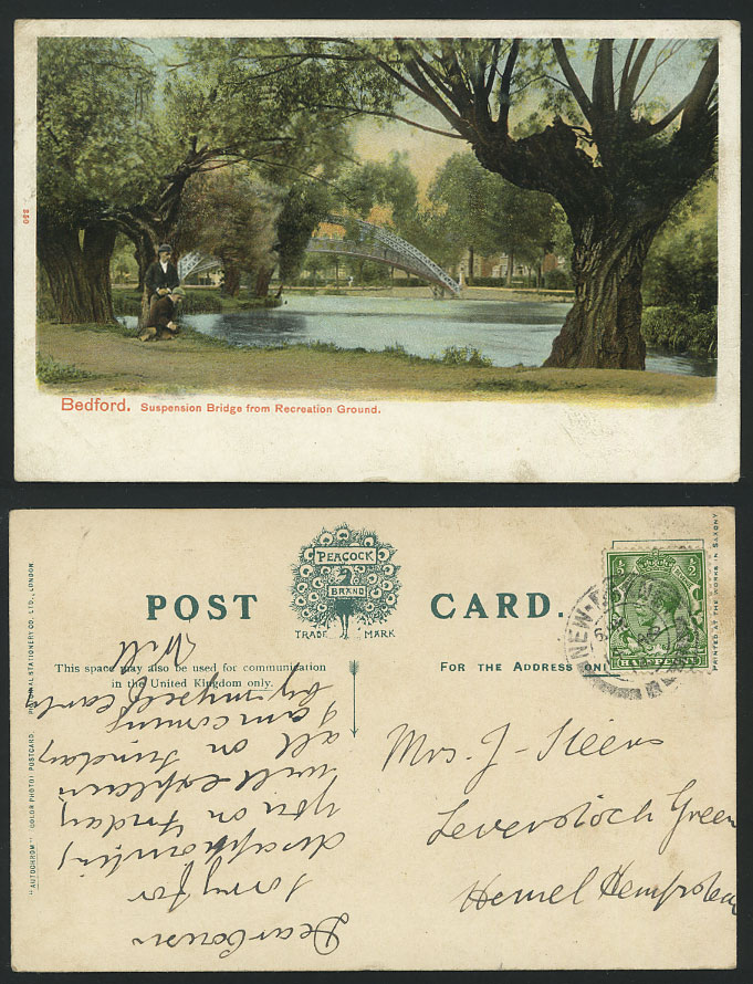 Bedford 1914 Postcard Suspension Bridge Recreation Grnd