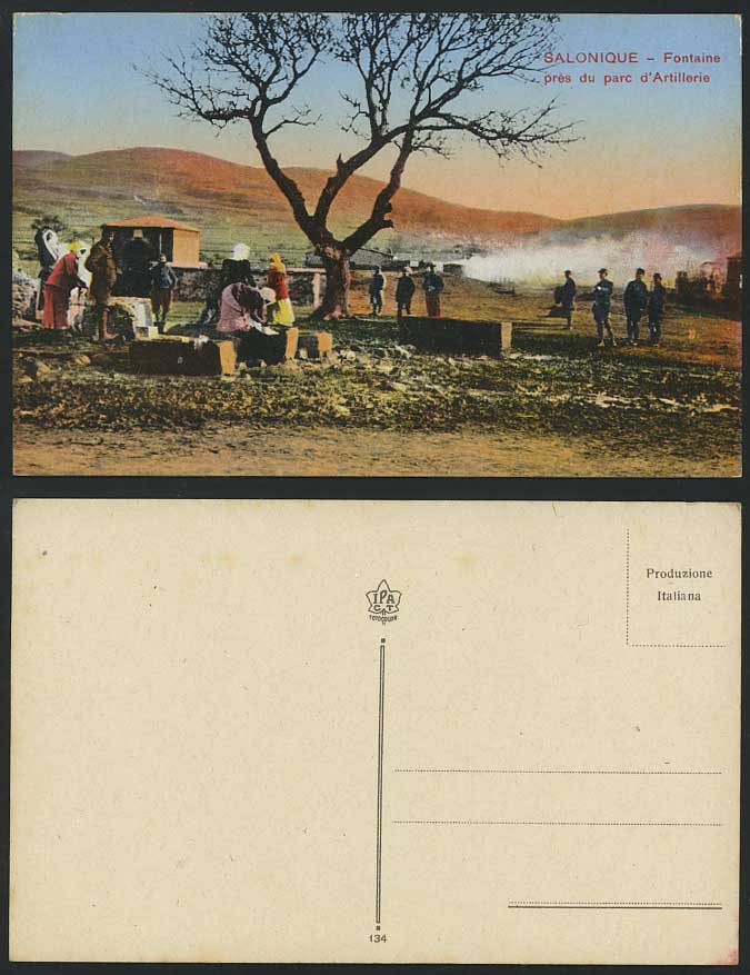 Salonique Old Postcard Fountain Artillery Park Soldiers